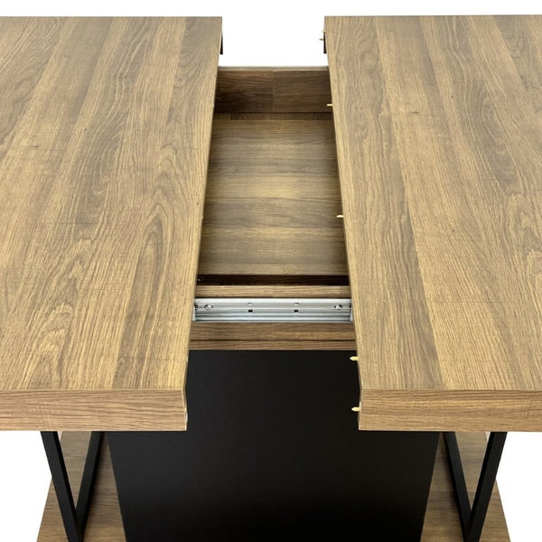English Elm Rectangle Extendable Dining Table Seats 10 Aged Wood Finish Bold Black Legs W1347S00024