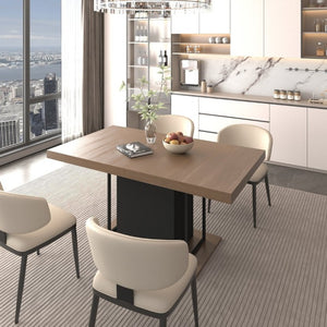 English Elm Rectangle Extendable Dining Table Seats 10 Aged Wood Finish Bold Black Legs W1347S00024