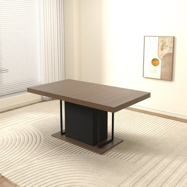 English Elm Rectangle Extendable Dining Table Seats 10 Aged Wood Finish Bold Black Legs W1347S00024