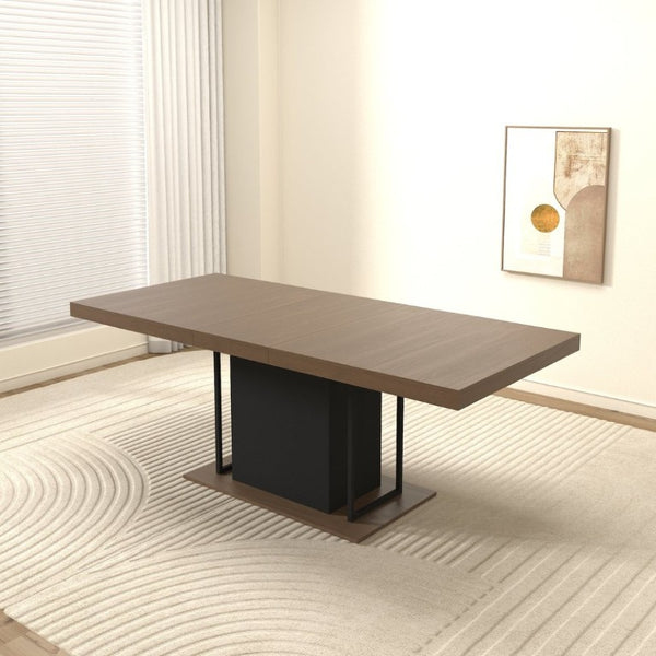 English Elm Rectangle Extendable Dining Table Seats 10 Aged Wood Finish Bold Black Legs W1347S00024