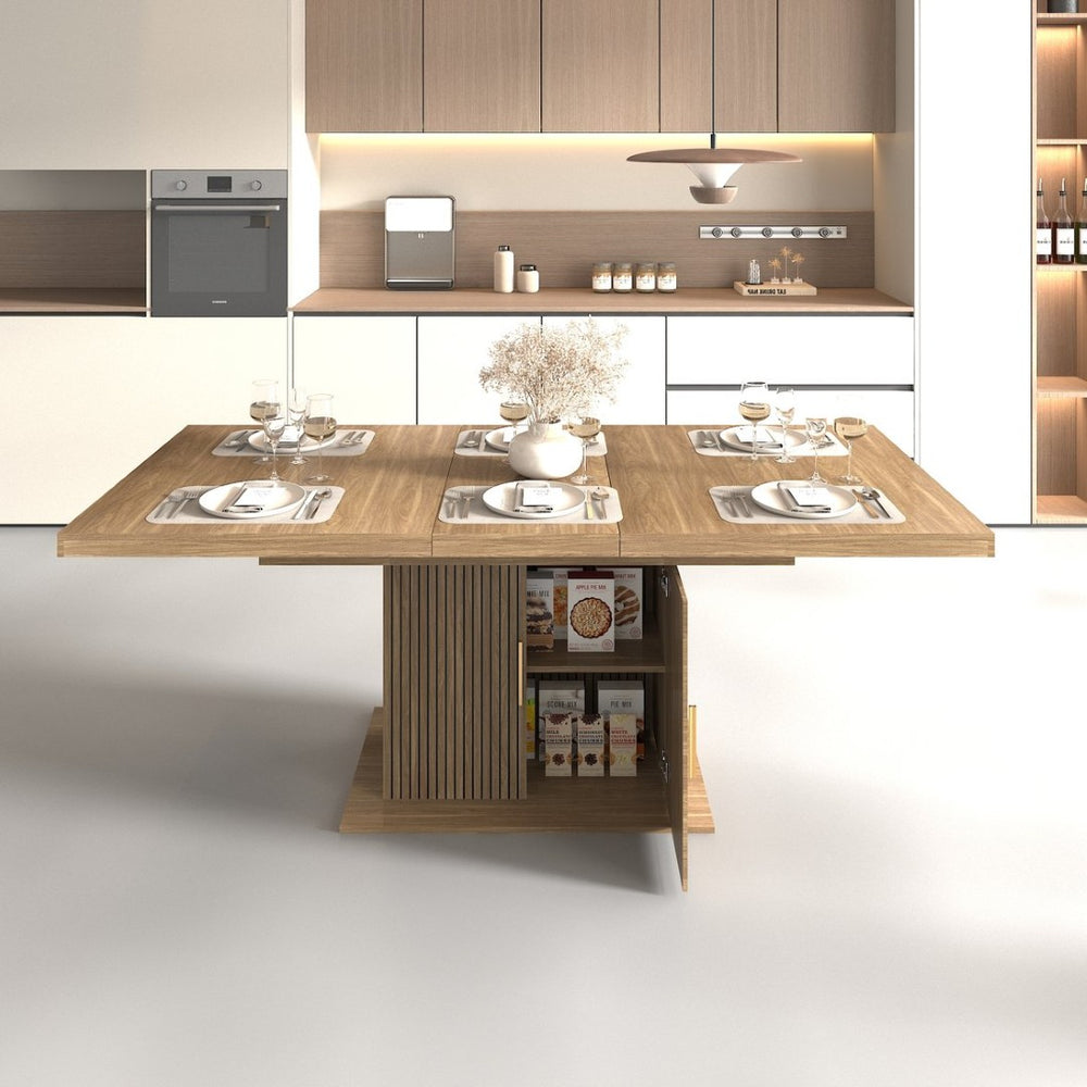English Elm Expandable Dining Table Seats Ten with Built-In Cabinet and Striped Minimalist Panels W1347S00026