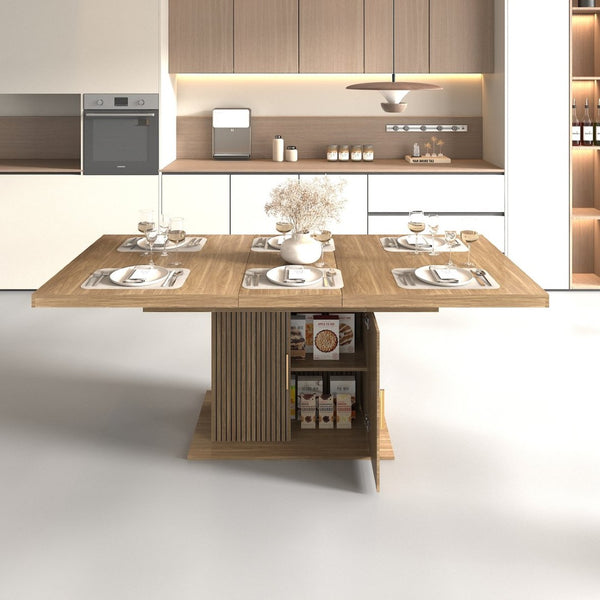 English Elm Expandable Dining Table Seats Ten with Built-In Cabinet and Striped Minimalist Panels W1347S00026