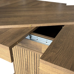 English Elm Expandable Dining Table Seats Ten with Built-In Cabinet and Striped Minimalist Panels W1347S00026