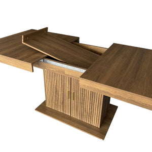 English Elm Expandable Dining Table Seats Ten with Built-In Cabinet and Striped Minimalist Panels W1347S00026