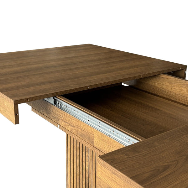 English Elm Expandable Dining Table Seats Ten with Built-In Cabinet and Striped Minimalist Panels W1347S00026
