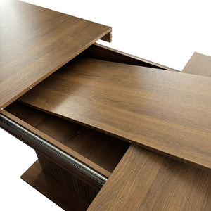 English Elm Expandable Dining Table Seats Ten with Built-In Cabinet and Striped Minimalist Panels W1347S00026