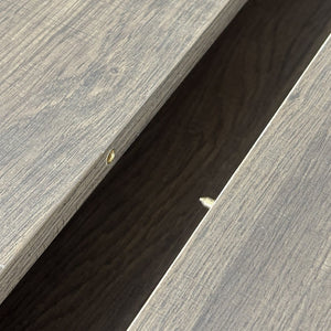 English Elm Expandable Dining Table Seats Ten with Built-In Cabinet and Striped Minimalist Panels W1347S00026