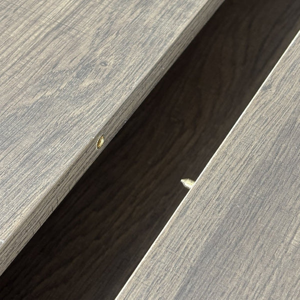 English Elm Expandable Dining Table Seats Ten with Built-In Cabinet and Striped Minimalist Panels W1347S00026