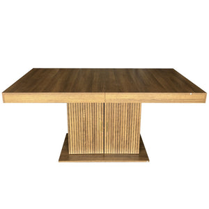 English Elm Expandable Dining Table Seats Ten with Built-In Cabinet and Striped Minimalist Panels W1347S00026