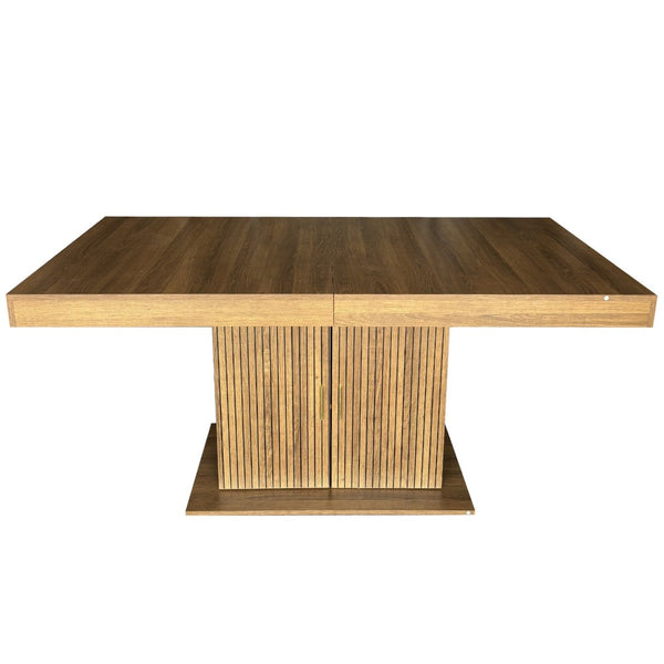 English Elm Expandable Dining Table Seats Ten with Built-In Cabinet and Striped Minimalist Panels W1347S00026