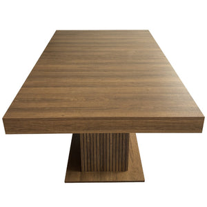 English Elm Expandable Dining Table Seats Ten with Built-In Cabinet and Striped Minimalist Panels W1347S00026