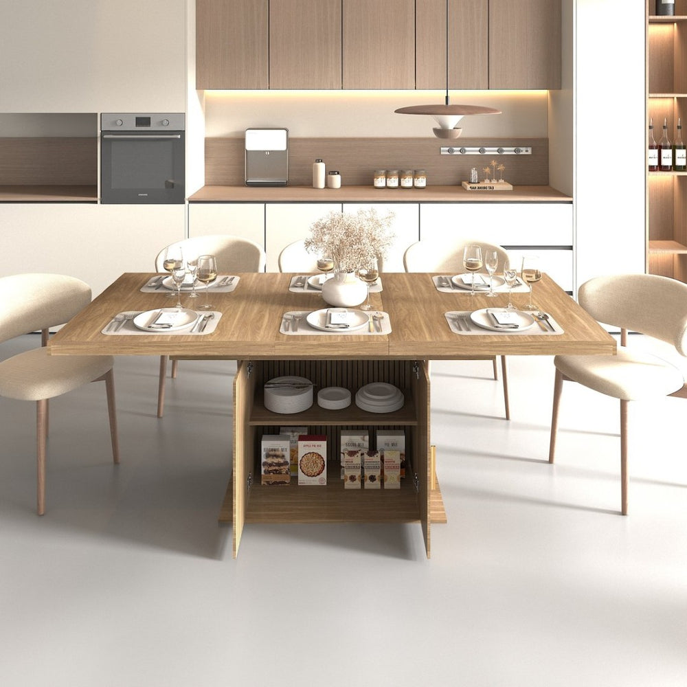 English Elm Expandable Dining Table Seats Ten with Built-In Cabinet and Striped Minimalist Panels W1347S00026