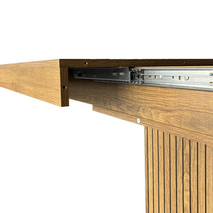 English Elm Expandable Dining Table Seats Ten with Built-In Cabinet and Striped Minimalist Panels W1347S00026