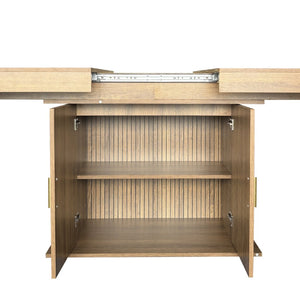 English Elm Expandable Dining Table Seats Ten with Built-In Cabinet and Striped Minimalist Panels W1347S00026