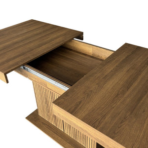 English Elm Expandable Dining Table Seats Ten with Built-In Cabinet and Striped Minimalist Panels W1347S00026