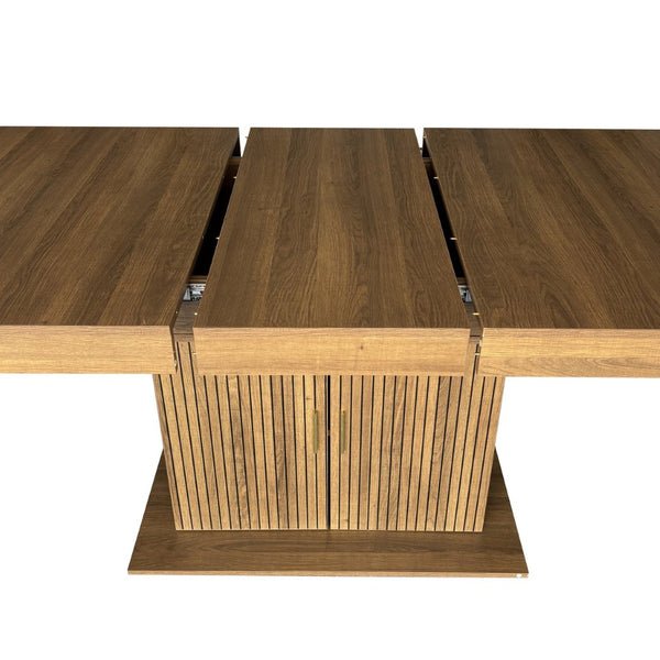 English Elm Expandable Dining Table Seats Ten with Built-In Cabinet and Striped Minimalist Panels W1347S00026