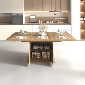 English Elm Expandable Dining Table Seats Ten with Built-In Cabinet and Striped Minimalist Panels W1347S00026