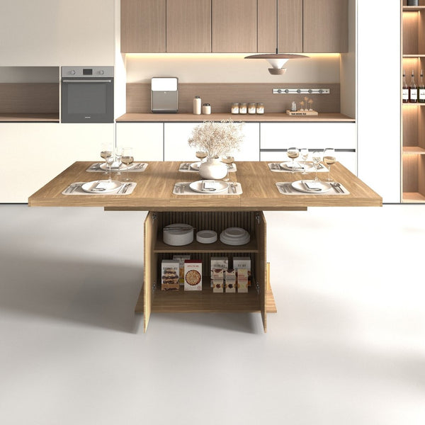 English Elm Expandable Dining Table Seats Ten with Built-In Cabinet and Striped Minimalist Panels W1347S00026