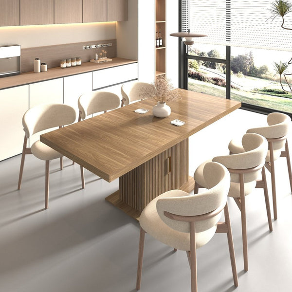 English Elm Expandable Dining Table Seats Ten with Built-In Cabinet and Striped Minimalist Panels W1347S00026