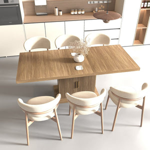 English Elm Expandable Dining Table Seats Ten with Built-In Cabinet and Striped Minimalist Panels W1347S00026