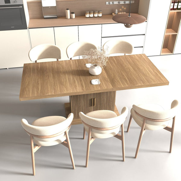English Elm Expandable Dining Table Seats Ten with Built-In Cabinet and Striped Minimalist Panels W1347S00026