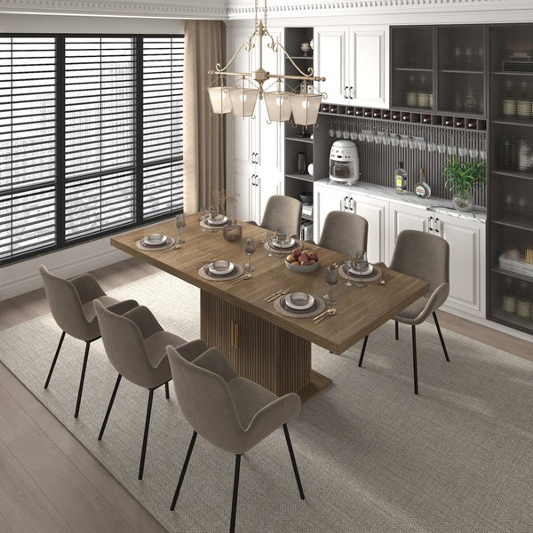 English Elm Expandable Dining Table Seats Ten with Built-In Cabinet and Striped Minimalist Panels W1347S00026