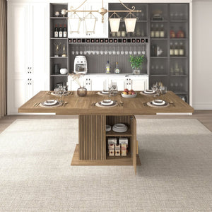 English Elm Expandable Dining Table Seats Ten with Built-In Cabinet and Striped Minimalist Panels W1347S00026