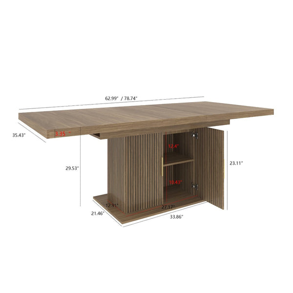 English Elm Expandable Dining Table Seats Ten with Built-In Cabinet and Striped Minimalist Panels W1347S00026