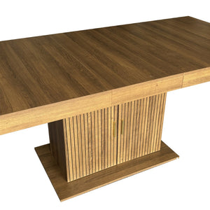 English Elm Expandable Dining Table Seats Ten with Built-In Cabinet and Striped Minimalist Panels W1347S00026