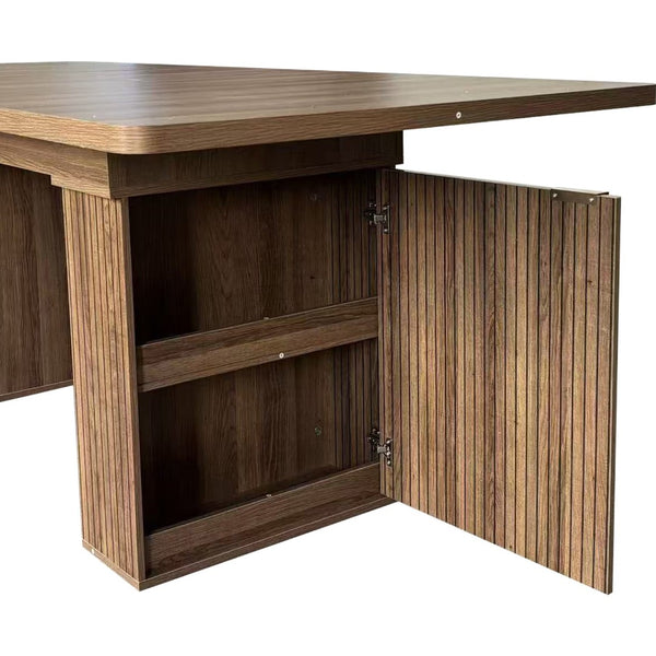English Elm Expandable Dining Table Seats Six to Ten with Integrated Storage and Modern Minimalist Build Walnut Brown - A W1347S00028