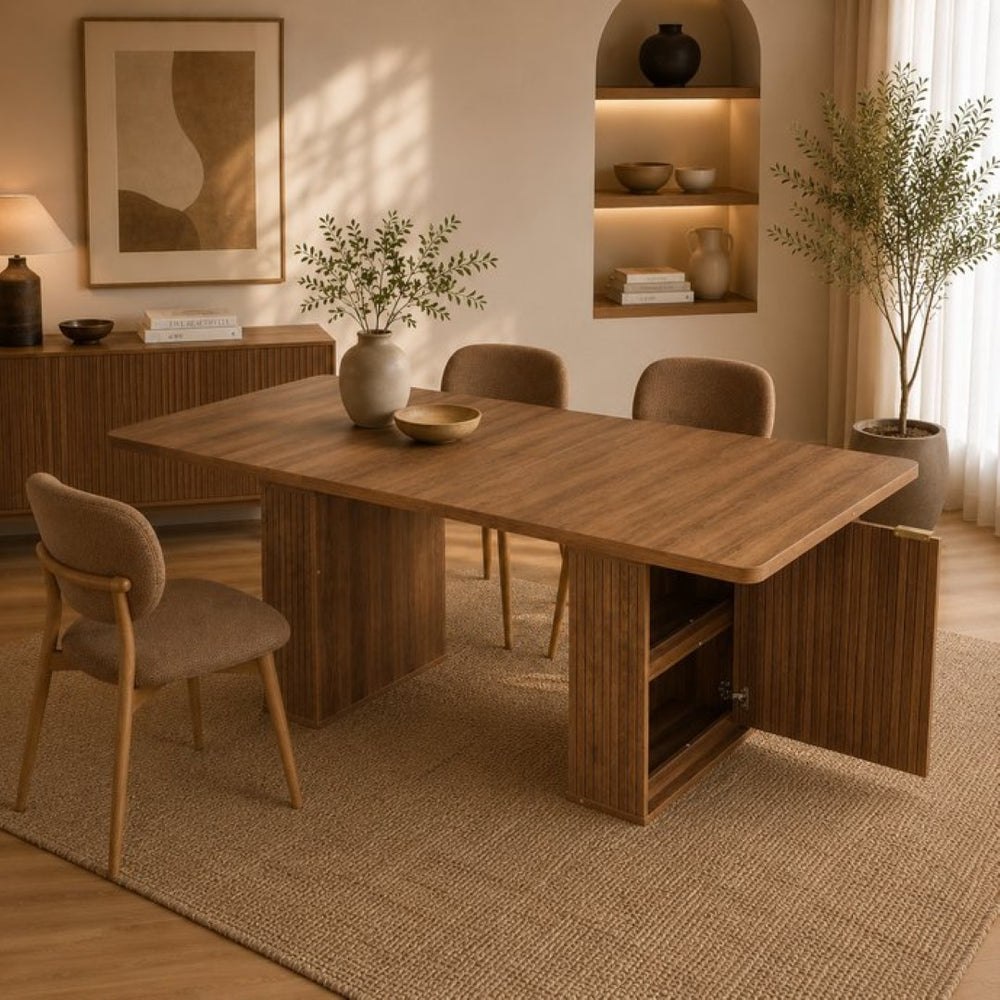 English Elm Expandable Dining Table Seats Six to Ten with Integrated Storage and Modern Minimalist Build Walnut Brown - A W1347S00028