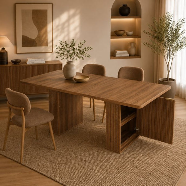 English Elm Expandable Dining Table Seats Six to Ten with Integrated Storage and Modern Minimalist Build Walnut Brown - A W1347S00028