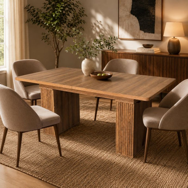 English Elm Expandable Dining Table Seats Six to Ten with Integrated Storage and Modern Minimalist Build Walnut Brown - A W1347S00028
