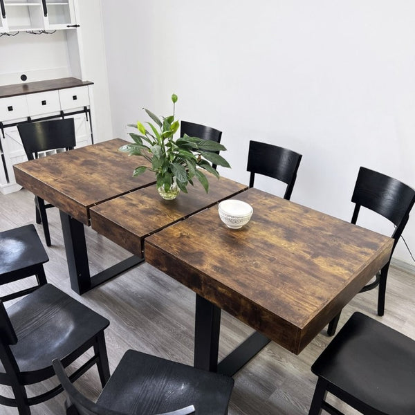 English Elm Rectangle Extendable Dining Table Seats Ten with Storage Cabinet Aged Wood Finish W1347S00029