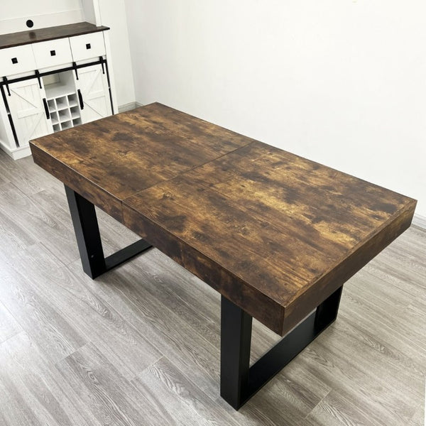 English Elm Rectangle Extendable Dining Table Seats Ten with Storage Cabinet Aged Wood Finish W1347S00029