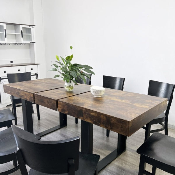 English Elm Rectangle Extendable Dining Table Seats Ten with Storage Cabinet Aged Wood Finish W1347S00029
