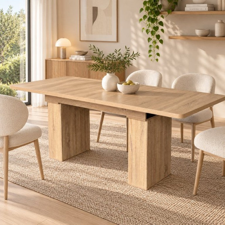 English Elm Modern Oak Grain Extendable Dining Table with Sculpted Pedestal Base Seats Eight W1347S00032