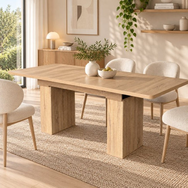 English Elm Modern Oak Grain Extendable Dining Table with Sculpted Pedestal Base Seats Eight W1347S00032