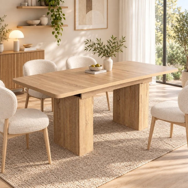 English Elm Modern Oak Grain Extendable Dining Table with Sculpted Pedestal Base Seats Eight W1347S00032