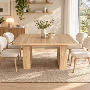 English Elm Modern Oak Grain Extendable Dining Table with Sculpted Pedestal Base Seats Eight W1347S00032