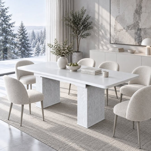 English Elm Modern Extendable Dining Table Seats Eight Fluted Pedestal Base White Grain Top W1347S00033