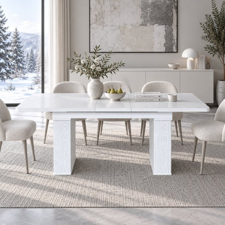 English Elm Modern Extendable Dining Table Seats Eight Fluted Pedestal Base White Grain Top W1347S00033