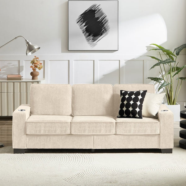 English Elm 83.86"corduroy Fabric Three-seat Sofa with Cup Holders for Modern Living Rooms Beige W1359P404565