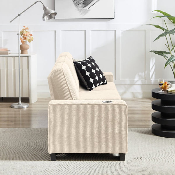 English Elm 83.86"corduroy Fabric Three-seat Sofa with Cup Holders for Modern Living Rooms Beige W1359P404565
