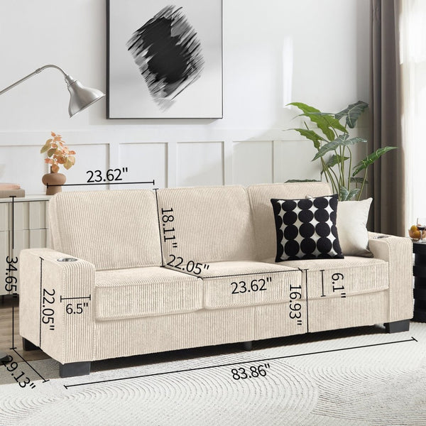 English Elm 83.86"corduroy Fabric Three-seat Sofa with Cup Holders for Modern Living Rooms Beige W1359P404565