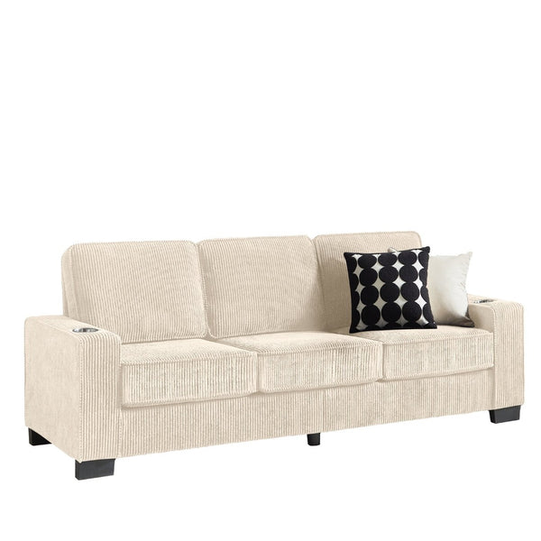 English Elm 83.86"corduroy Fabric Three-seat Sofa with Cup Holders for Modern Living Rooms Beige W1359P404565