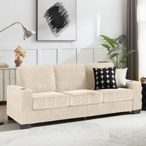 English Elm 83.86"corduroy Fabric Three-seat Sofa with Cup Holders for Modern Living Rooms Beige W1359P404565