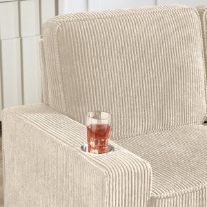 English Elm 83.86"corduroy Fabric Three-seat Sofa with Cup Holders for Modern Living Rooms Beige W1359P404565