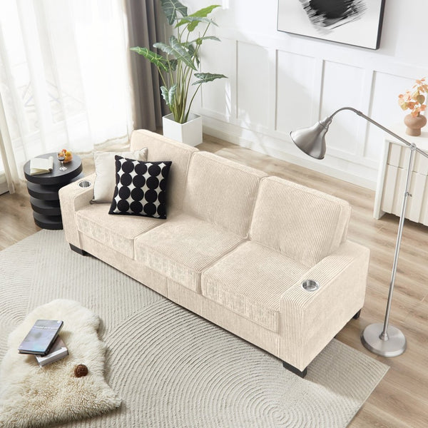 English Elm 83.86"corduroy Fabric Three-seat Sofa with Cup Holders for Modern Living Rooms Beige W1359P404565