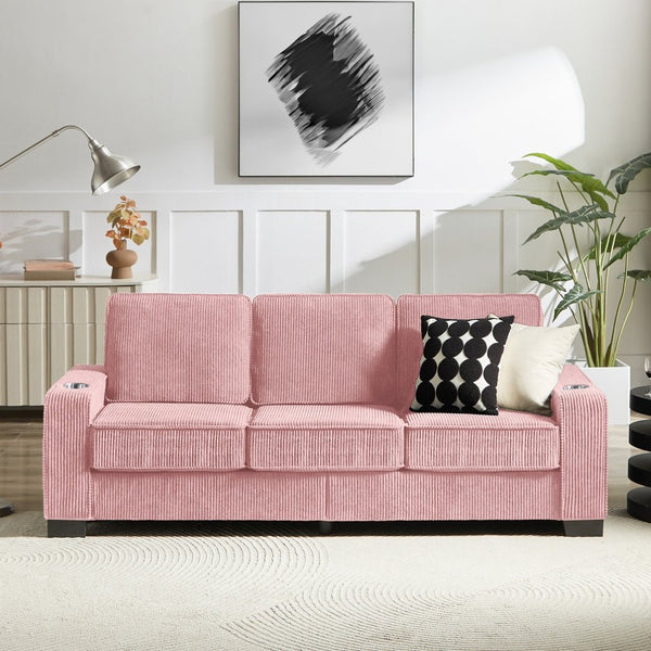 English Elm 83.86"corduroy Fabric Three-seat Sofa with Cup Holders for Modern Living Rooms Pink W1359P404566